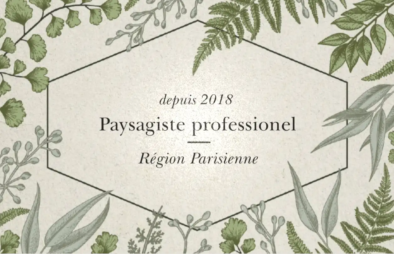 Logo de paysagiste avec une feuille verte et une silhouette de jardin.